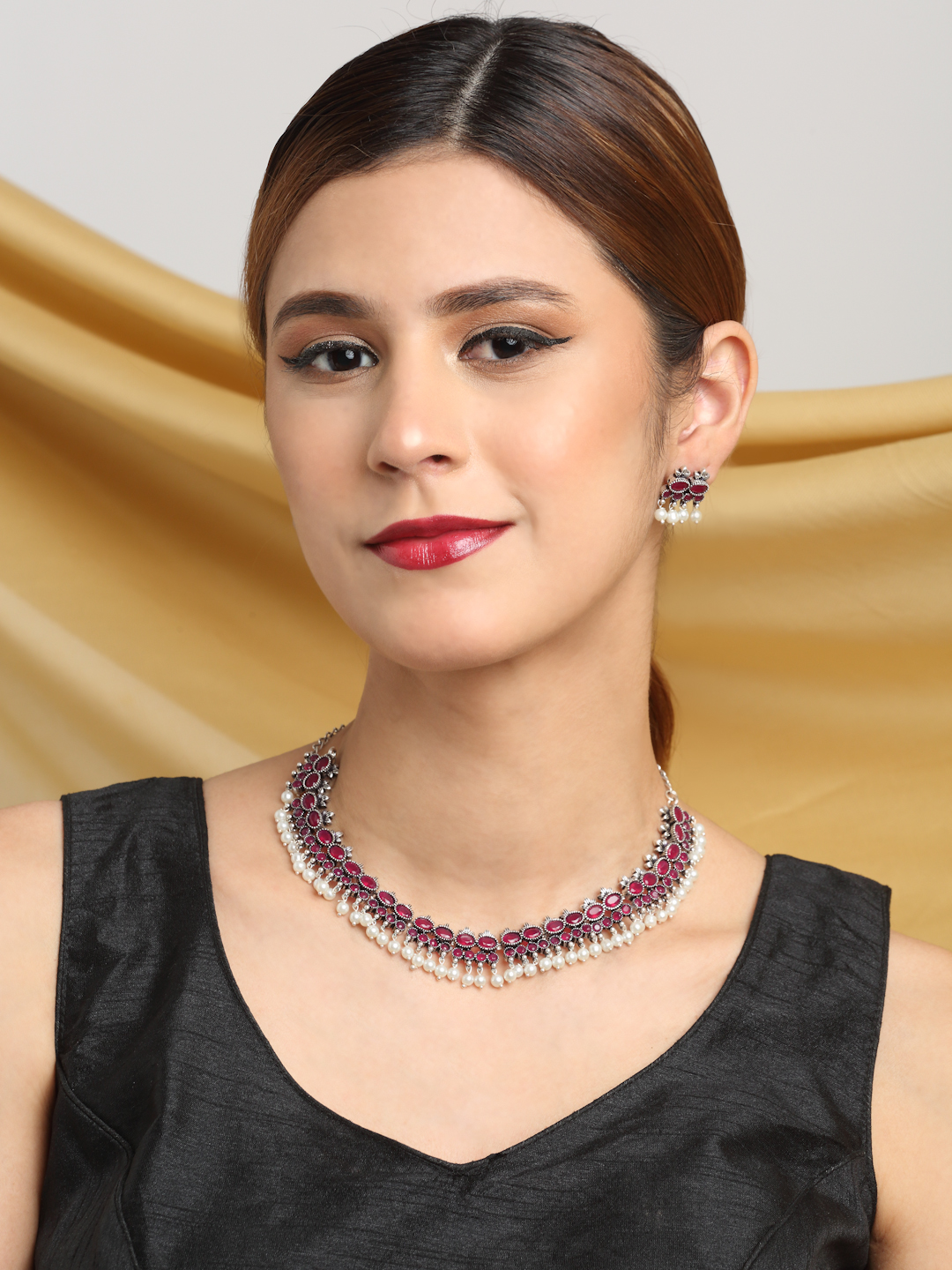 YouBella Jewellery Oxidised Silver Necklace Jewellery Set with Earrings for Girls and Women (Red) (YBNK_50524)
